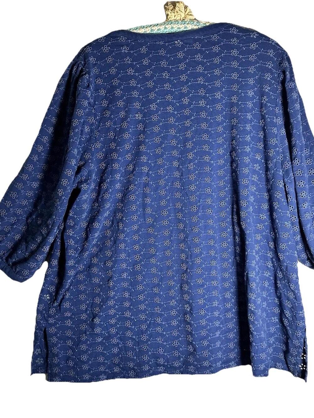 J. JILL Cotton Pullover 3/4 Sleeve Blouse Navy Blue Eyelet Lace V Neck Sz XL - Picture 2 of 15